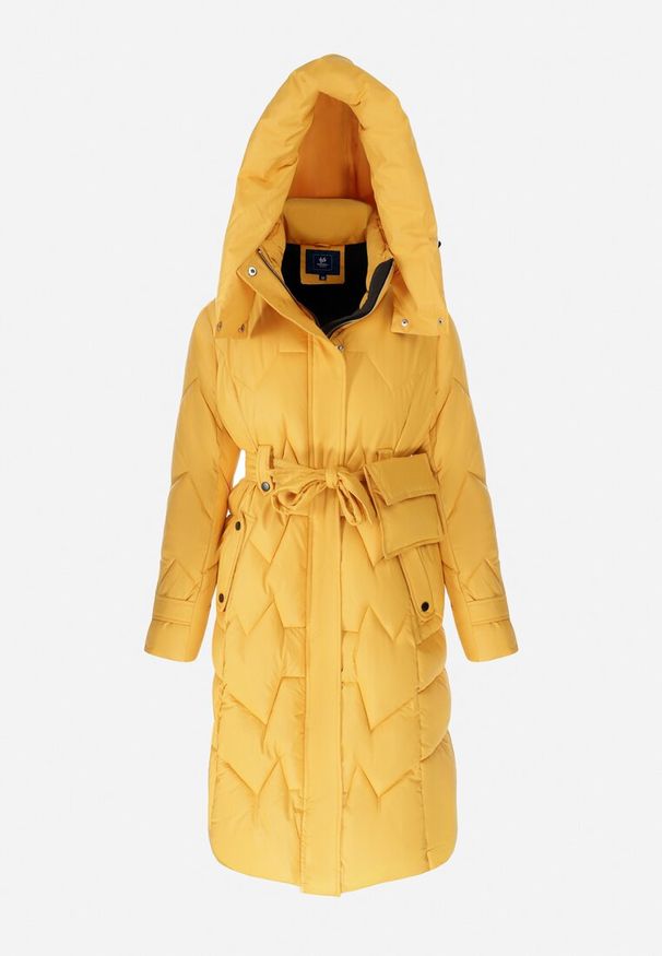 Born2be - Żółta Kurtka z Paskiem i Saszetką Pikowana Długa Phinare. Kolor: żółty. Materiał: materiał. Długość: długie. Wzór: aplikacja