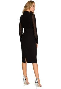Sukienki.shop - Elegancka sukienka ołówkowa midi dekolt V szyfonowe rękawy czarna. Kolor: czarny. Materiał: szyfon. Typ sukienki: ołówkowe. Styl: elegancki. Długość: midi #2