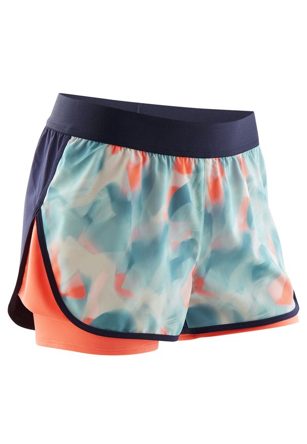 DOMYOS - Spodenki dziecięce Domyos W500 2w1. Okazja: na uczelnię. Kolor: czerwony, niebieski, wielokolorowy, różowy. Materiał: poliester, materiał, elastan, tkanina. Długość: krótkie. Styl: sportowy. Sport: joga i pilates