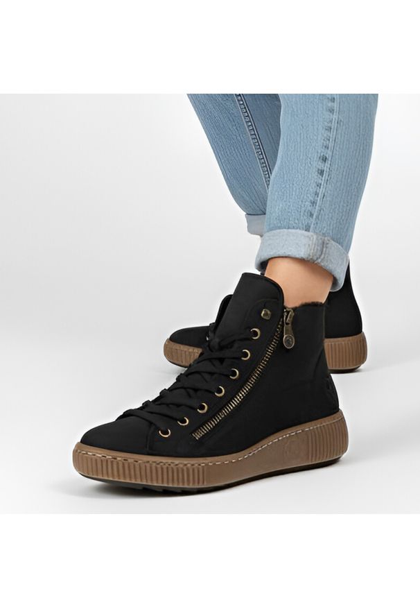 Czarne Botki Rieker Ocieplane Płaskie Buty Damskie. Okazja: na co dzień. Zapięcie: sznurówki. Kolor: czarny. Materiał: materiał. Szerokość cholewki: normalna. Styl: casual