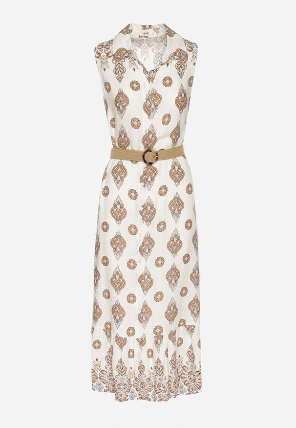 Born2be - Beżowa Wiskozowa Sukienka Koszulowa z Paskiem z Klamrą Eraniela. Okazja: na co dzień. Typ kołnierza: dekolt w kształcie V. Kolor: beżowy. Materiał: wiskoza. Typ sukienki: koszulowe. Styl: casual, elegancki, sportowy, klasyczny