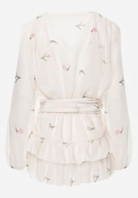 Renee - Beżowy Szyfonowy Kombinezon Zdobiony Falbankami i Paskiem z Wiązaniem Talyria. Okazja: na randkę. Kolor: beżowy. Materiał: szyfon. Wzór: aplikacja #7