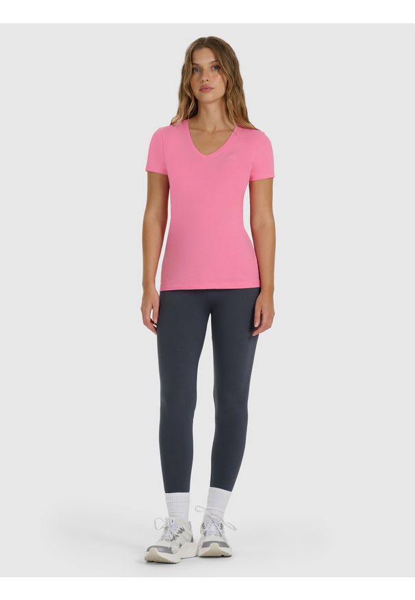 4f - 4F T-shirt slim gładki damski - różowy XXL. Okazja: na co dzień. Kolor: różowy. Materiał: materiał, bawełna. Wzór: gładki. Styl: casual