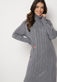 Born2be - Szara Sweterkowa Sukienka z Golfem Wełną i Bawełną Ozdobiona Splotem Reiania. Okazja: na spotkanie biznesowe, do pracy, na co dzień. Typ kołnierza: golf. Kolor: szary. Materiał: wełna, bawełna. Wzór: ze splotem, aplikacja. Typ sukienki: proste. Styl: casual, biznesowy #6