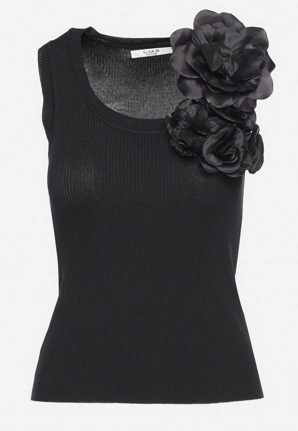 Born2be - Czarny Top z Naszywką w Kształcie Kwiatów Teralia. Okazja: na co dzień. Kolor: czarny. Wzór: aplikacja, kwiaty. Styl: elegancki, casual