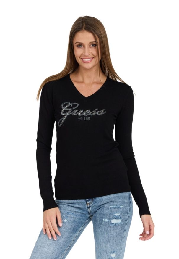 Guess - GUESS Czarny damski sweter Saige Logo Vn Ls Swtr, Rozmiar S. Typ kołnierza: dekolt w serek. Kolor: czarny. Materiał: materiał. Długość rękawa: długi rękaw. Długość: długie. Styl: elegancki
