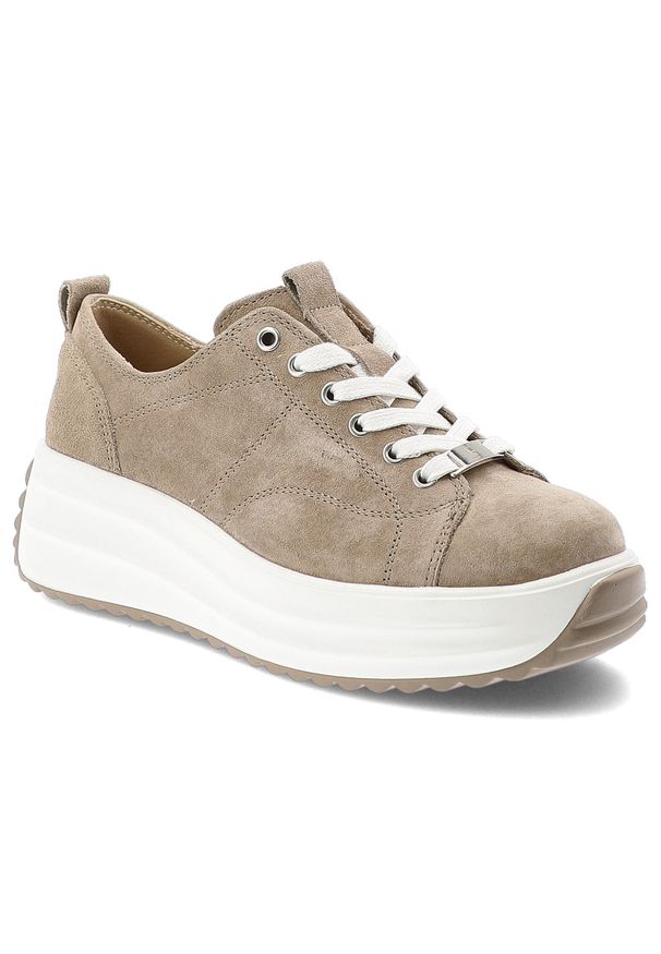 Sneakersy damskie Filippo, cholewka z naturalnej skóry zamszowej z klasycznym sznurowaniem i subtelnymi przeszyciami, masywna platforma o płynnej lin. Kolor: beżowy. Materiał: skóra, zamsz. Szerokość cholewki: normalna. Obcas: na platformie. Styl: klasyczny