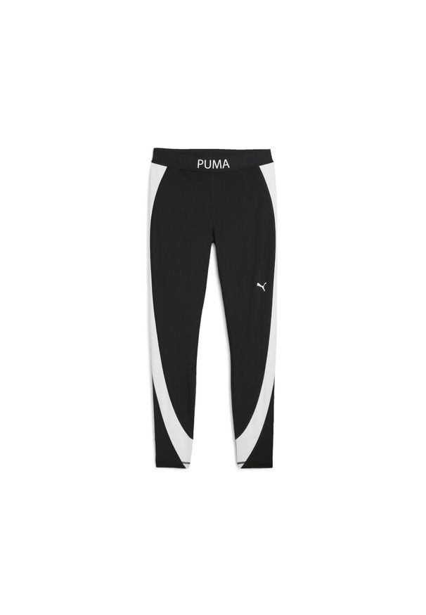 Puma - Damskie legginsy z wysokim stanem i blokami kolorów o długości 7/8 PUMA STRONG. Stan: podwyższony. Kolor: czarny. Wzór: aplikacja. Sport: fitness, bieganie