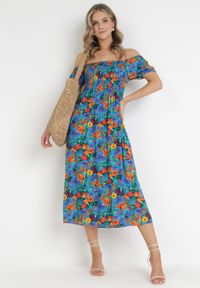 Born2be - Niebieska Sukienka z Wiskozy Midi Hiszpanka w Kwiaty Hallenes. Typ kołnierza: dekolt hiszpanka. Kolor: niebieski. Materiał: wiskoza. Wzór: kwiaty. Długość: midi #3