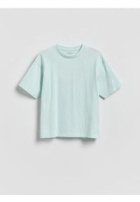 Reserved - Bawełniany t-shirt z nadrukiem - jasnoturkusowy. Kolor: turkusowy. Materiał: bawełna. Wzór: nadruk