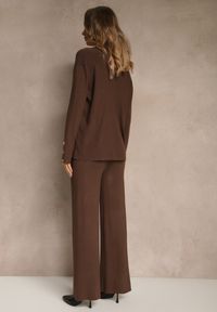 Renee - Brązowy Komplet z Dzianiny z Wiskozą Kardigan i Spodnie z Gumką Badrine. Kolor: brązowy. Materiał: wiskoza, dzianina. Wzór: aplikacja #5