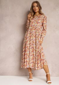 Renee - Pomarańczowo-Fioletowa Sukienka Dorosa. Kolor: pomarańczowy. Długość rękawa: długi rękaw. Wzór: kwiaty. Długość: midi #4