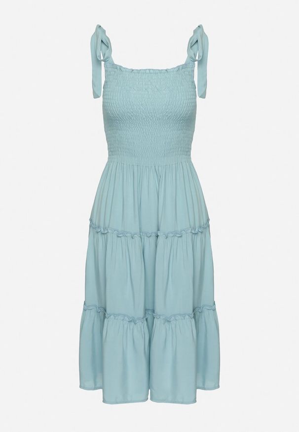 Born2be - Jasnoniebieska Rozkloszowana Sukienka z Wiskozą na Wiązanych Ramiączkach Aralisse. Okazja: na co dzień. Typ kołnierza: dekolt kwadratowy. Kolor: niebieski. Materiał: wiskoza. Długość rękawa: na ramiączkach. Typ sukienki: rozkloszowane. Styl: klasyczny, casual