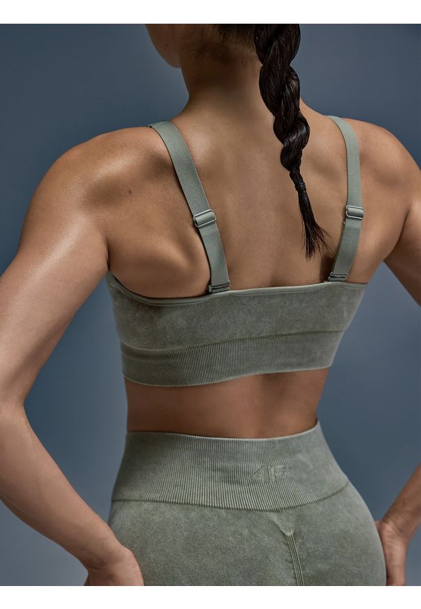 4f - 4F Biustonosz do jogi i pilatesu ze średnim wsparciem damski - zielony XS/S. Kolor: zielony. Materiał: włókno, syntetyk, materiał, guma. Rodzaj stanika: wyciągane miseczki. Sport: joga i pilates