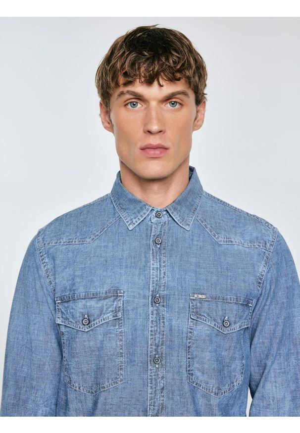 Big-Star - Koszula męska z imitacji jeansu niebieska Retinez 401. Kolor: niebieski. Materiał: jeans. Wzór: melanż