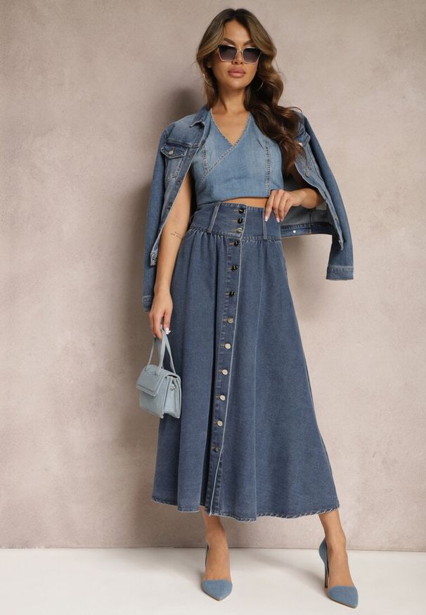 Renee - Granatowa Jeansowa Spódnica Maxi z Guzikami z Bawełny Rachellia. Kolor: niebieski. Materiał: bawełna, jeans
