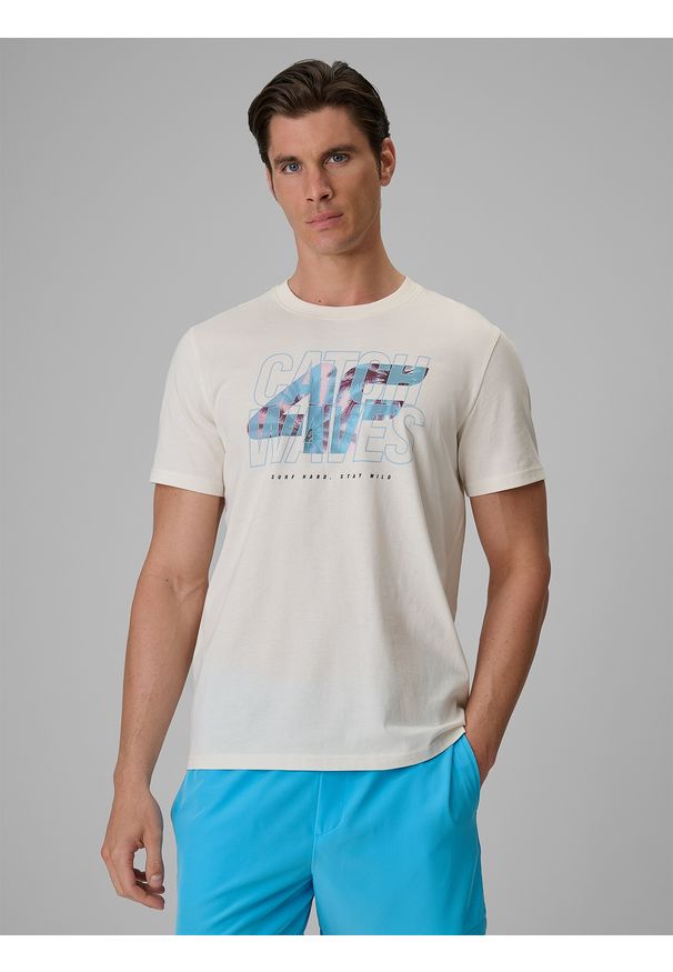 4f - 4F T-shirt regular z nadrukiem męski - biały L. Okazja: na co dzień. Kolor: biały. Materiał: bawełna, dzianina. Wzór: nadruk. Styl: casual, klasyczny, sportowy