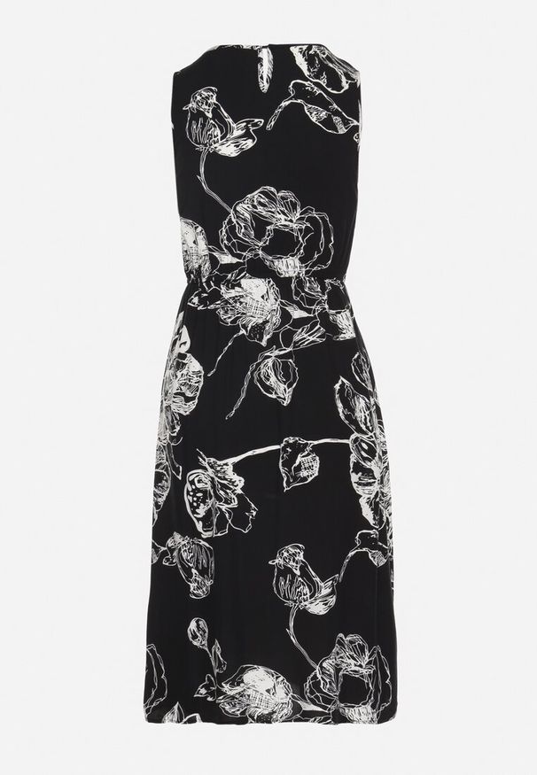 Born2be - Czarna Sukienka w Kwiaty o Rozkloszowanym Kroju z Gumką w Talii Neleldi. Okazja: na co dzień. Typ kołnierza: dekolt w serek. Kolor: czarny. Materiał: jeans. Długość rękawa: na ramiączkach. Wzór: kwiaty. Styl: casual, elegancki