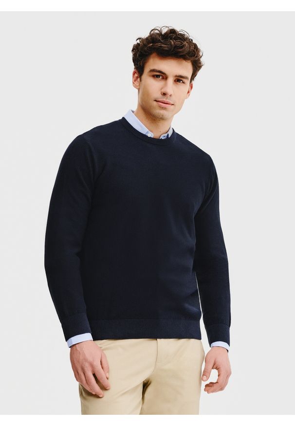Pako Lorente - PAKO LORENTE – Granatowy sweter męski. Kolor: niebieski, oliwkowy. Materiał: bawełna. Wzór: gładki. Sezon: wiosna