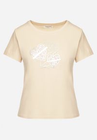 Born2be - Beżowy T-shirt z Bawełny z Ozdobnym Nadrukiem Noniel. Okazja: na co dzień. Kolor: beżowy. Materiał: bawełna. Wzór: nadruk. Styl: casual #6