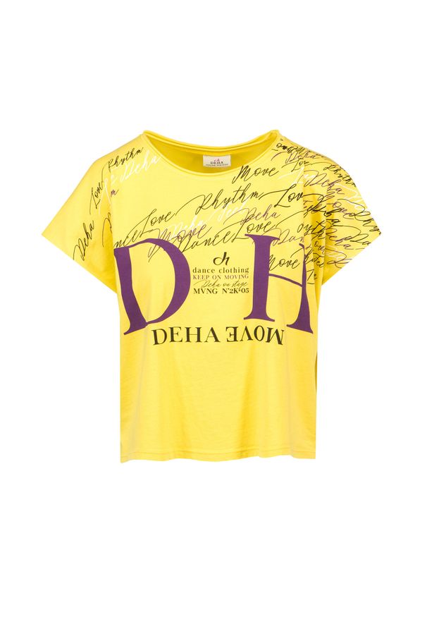 Deha - T-shirt DEHA MOVE. Kolor: żółty. Materiał: włókno, skóra, bawełna. Długość: krótkie. Wzór: nadruk, aplikacja
