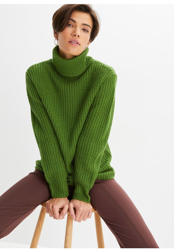 bonprix - Sweter z golfem. Typ kołnierza: golf. Kolor: zielony. Sezon: zima