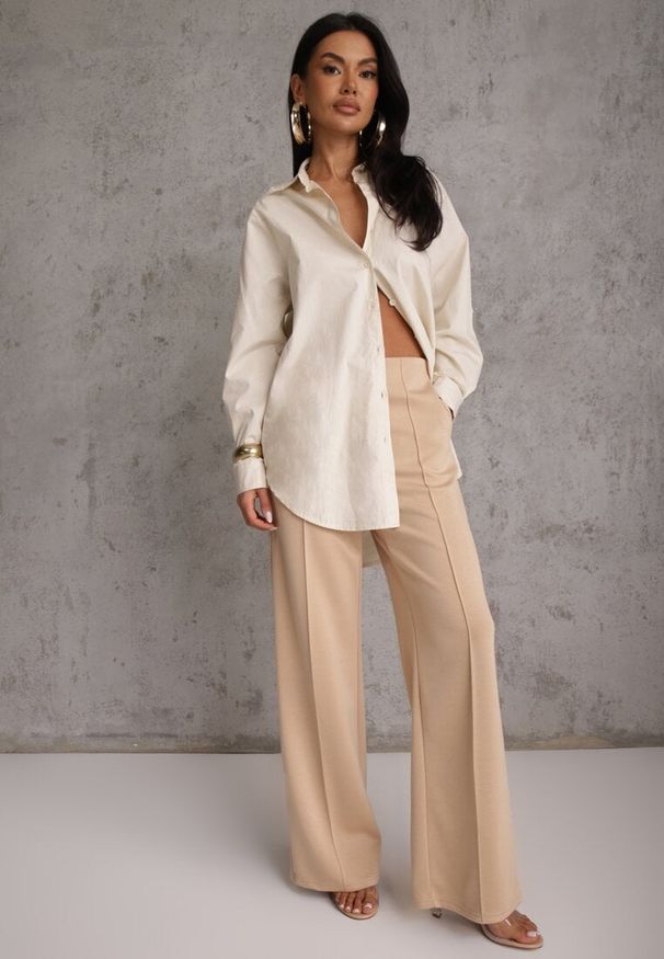 Renee - Beżowe Bawełniano-Wiskozowe Spodnie o Eleganckim Kroju w Kant Tinawre. Okazja: na co dzień. Kolor: beżowy. Materiał: wiskoza, bawełna. Wzór: gładki. Styl: elegancki