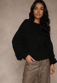 Renee - Czarny Oversizowy Sweter z Dodatkiem Wełny Zdobiony Węzłem Lawedana. Kolor: czarny. Materiał: wełna. Wzór: aplikacja #3