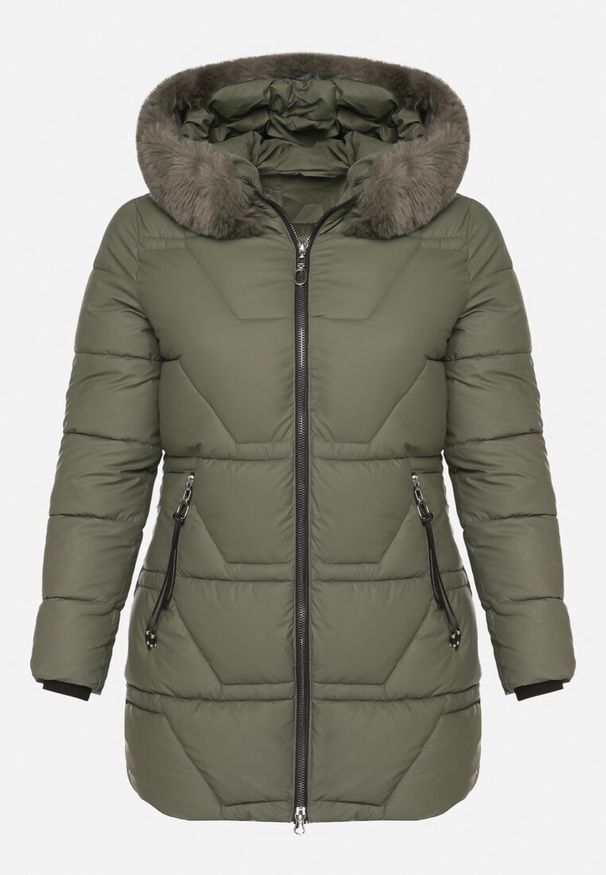 Born2be - Zielona Taliowana Kurtka z Pikowanymi Przeszyciami i Kapturem z Futrem Avileria. Okazja: na spacer, na co dzień. Kolekcja: plus size. Kolor: zielony. Materiał: futro. Styl: casual