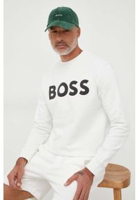 BOSS Orange - Boss Orange bluza bawełniana męska kolor beżowy z nadrukiem. Kolor: beżowy. Materiał: bawełna. Wzór: nadruk