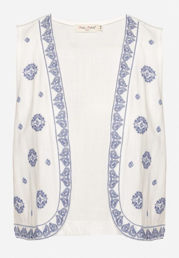 Born2be - Biało-Niebieska Kamizelka z Lnem i Wiskozą w Etno Wzór z Haftami Fenalira. Okazja: na co dzień. Kolor: biały. Materiał: wiskoza, len. Wzór: haft. Sezon: lato. Styl: etno