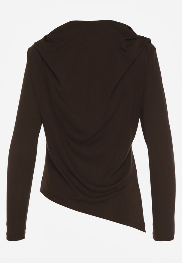 Renee - Brązowa Bluzka Longsleeve o Asymetrycznym Kroju z Poduszkami w Ramionach Tusandia. Okazja: na spotkanie biznesowe, do pracy. Kolor: brązowy. Materiał: jeans, futro. Długość rękawa: długi rękaw. Styl: biznesowy