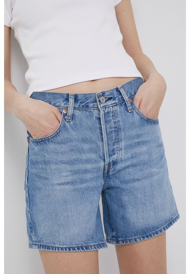 Levi's® - Levi's szorty jeansowe bawełniane 501 Rolled damskie gładkie high waist. Okazja: na spotkanie biznesowe, na co dzień. Stan: podwyższony. Kolor: niebieski. Materiał: bawełna, jeans. Wzór: gładki. Styl: biznesowy, casual