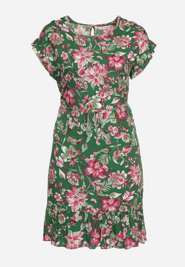 Born2be - Zielona Bawełniana Sukienka w Kwiaty o Pudełkowym Fasonie ze Sznurkiem w Talii Risallise. Okazja: na spacer, na imprezę. Kolor: zielony. Materiał: bawełna. Długość rękawa: krótki rękaw. Wzór: kwiaty. Styl: retro, wizytowy