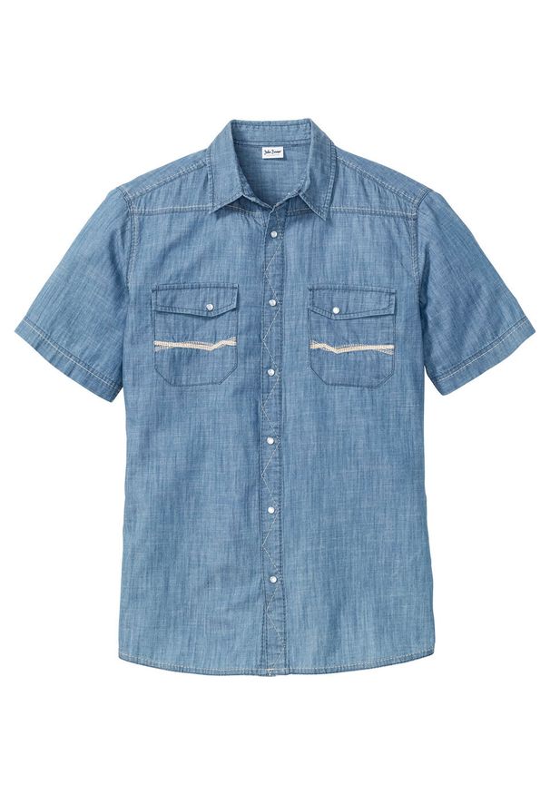 Koszula dżinsowa z krótkim rękawem bonprix niebieski "stone”. Kolor: niebieski. Długość rękawa: krótki rękaw. Długość: krótkie. Wzór: haft