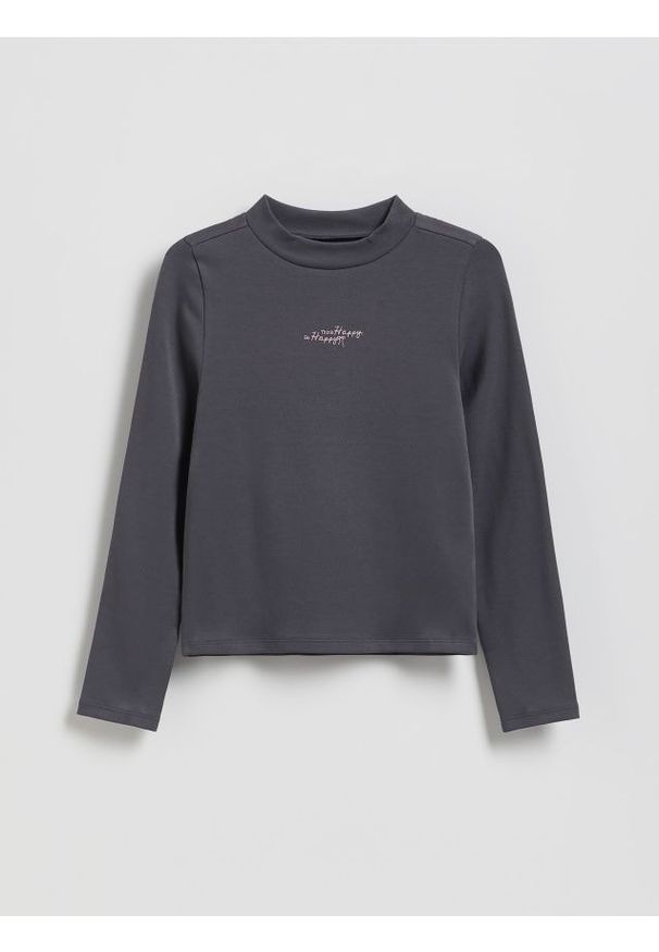 Reserved - Bawełniana bluzka z haftem - ciemnoszary. Kolor: szary. Materiał: bawełna. Wzór: haft