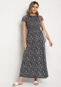 Born2be - Granatowa Sukienka z Bufkami przy Rękawach w Kwiaty Neralese. Okazja: na co dzień, na imprezę. Kolor: niebieski. Materiał: jeans. Wzór: kwiaty. Sezon: lato. Styl: casual #4