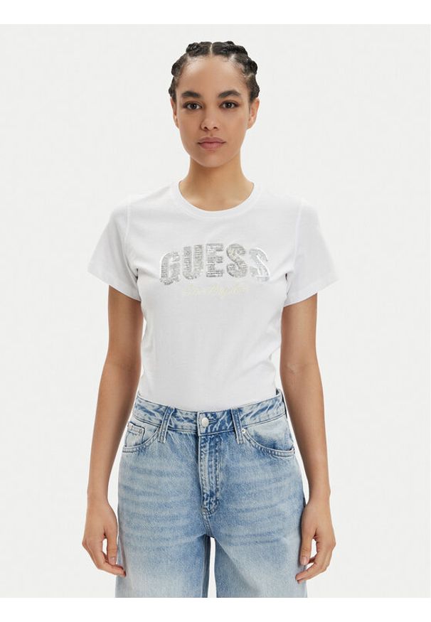 Guess T-Shirt Ss Rn Sequins Logo T W4GI31 I3Z14 Biały Regular Fit. Kolor: biały. Materiał: bawełna