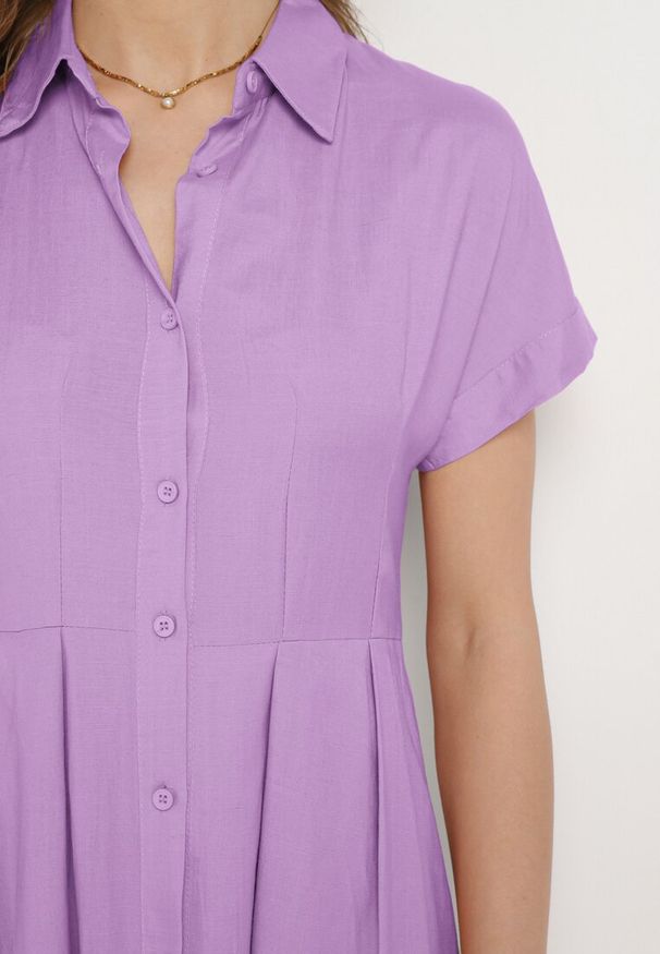 Born2be - Fioletowa Koszulowa Sukienka z Lnem i Wiskozą Ircilla. Okazja: na spacer. Kolor: fioletowy. Materiał: len, wiskoza. Długość rękawa: krótki rękaw. Typ sukienki: koszulowe