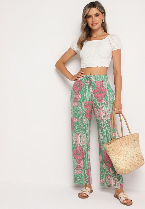 Born2be - Zielono-Różowe Spodnie Palazzo z Wiskozy z Gumką w Talii Lirfea. Okazja: na co dzień. Kolor: zielony. Materiał: wiskoza. Styl: boho, klasyczny, elegancki, casual