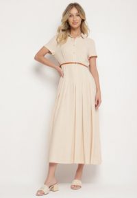 Born2be - Beżowa Wiskozowa Sukienka o Koszulowym Fasonie z Wąskim Paskiem Fillamea. Kolor: beżowy. Materiał: wiskoza. Wzór: aplikacja. Typ sukienki: koszulowe. Styl: elegancki #1