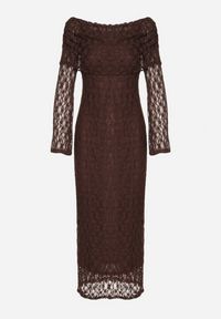 Born2be - Brązowa Koktajlowa Sukienka z Odkrytymi Ramionami z Koronki Eperrie. Kolor: brązowy. Materiał: koronka. Wzór: koronka. Typ sukienki: z odkrytymi ramionami. Styl: wizytowy. Długość: midi #7