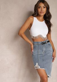 Renee - Niebieska Asymetryczna Bawełniana Spódnica Jeansowa High Waist z Łańcuchem i Paskiem Vimaliene. Stan: podwyższony. Kolor: niebieski. Materiał: bawełna, jeans. Sezon: lato