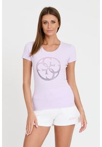 Guess - GUESS Lawendowy damski t-shirt 4G LOGO TEE, Rozmiar M. Kolor: fioletowy