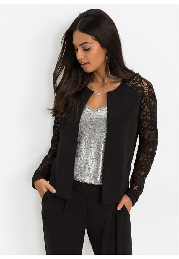 bonprix - Żakiet z koronkowymi rękawami. Kolor: czarny. Materiał: koronka. Długość rękawa: długi rękaw. Długość: długie. Wzór: koronka