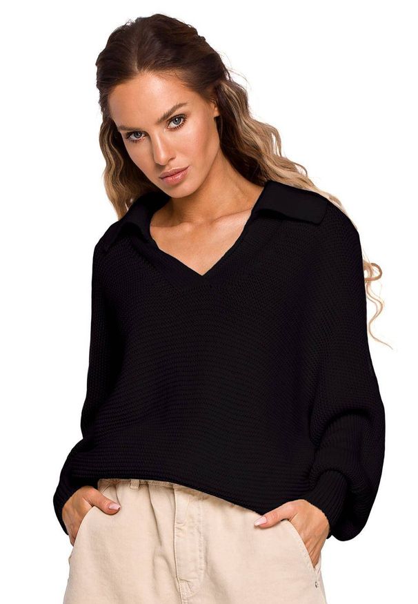 MOE - Luźny sweter z dekoltem V i kołnierzykiem czarny. Kolor: czarny. Materiał: jeans. Styl: elegancki