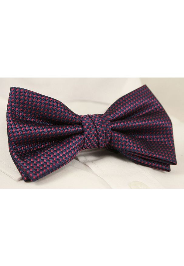 Chattier - Granatowo-Czerwona Elegancka Mucha z Białą Poszetką -CHATTIER- Męska, w Drobny Wzór. Kolor: czerwony, wielokolorowy, niebieski. Wzór: geometria. Styl: elegancki