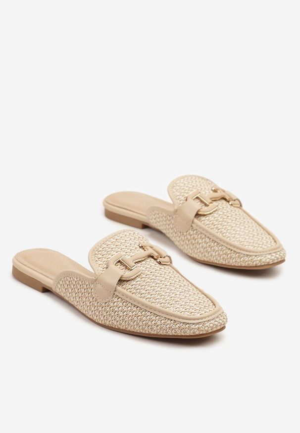 Born2be - Beżowe Tweedowe Klapki Mule z Eleganckim Zdobieniem Sonarena. Okazja: na co dzień, na spotkanie biznesowe. Kolor: beżowy. Wzór: aplikacja. Styl: elegancki