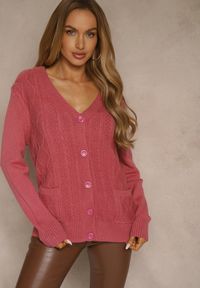 Renee - Ciemnoróżowy Kardigan z Bawełną i Tłoczonym Wzorem Reisina. Okazja: na co dzień. Kolor: różowy. Materiał: bawełna. Styl: casual, elegancki #5