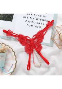 Intica - Stringi z motywem motyla i perłami eleganckie Louiselle. Kolor: czerwony. Materiał: materiał. Wzór: aplikacja